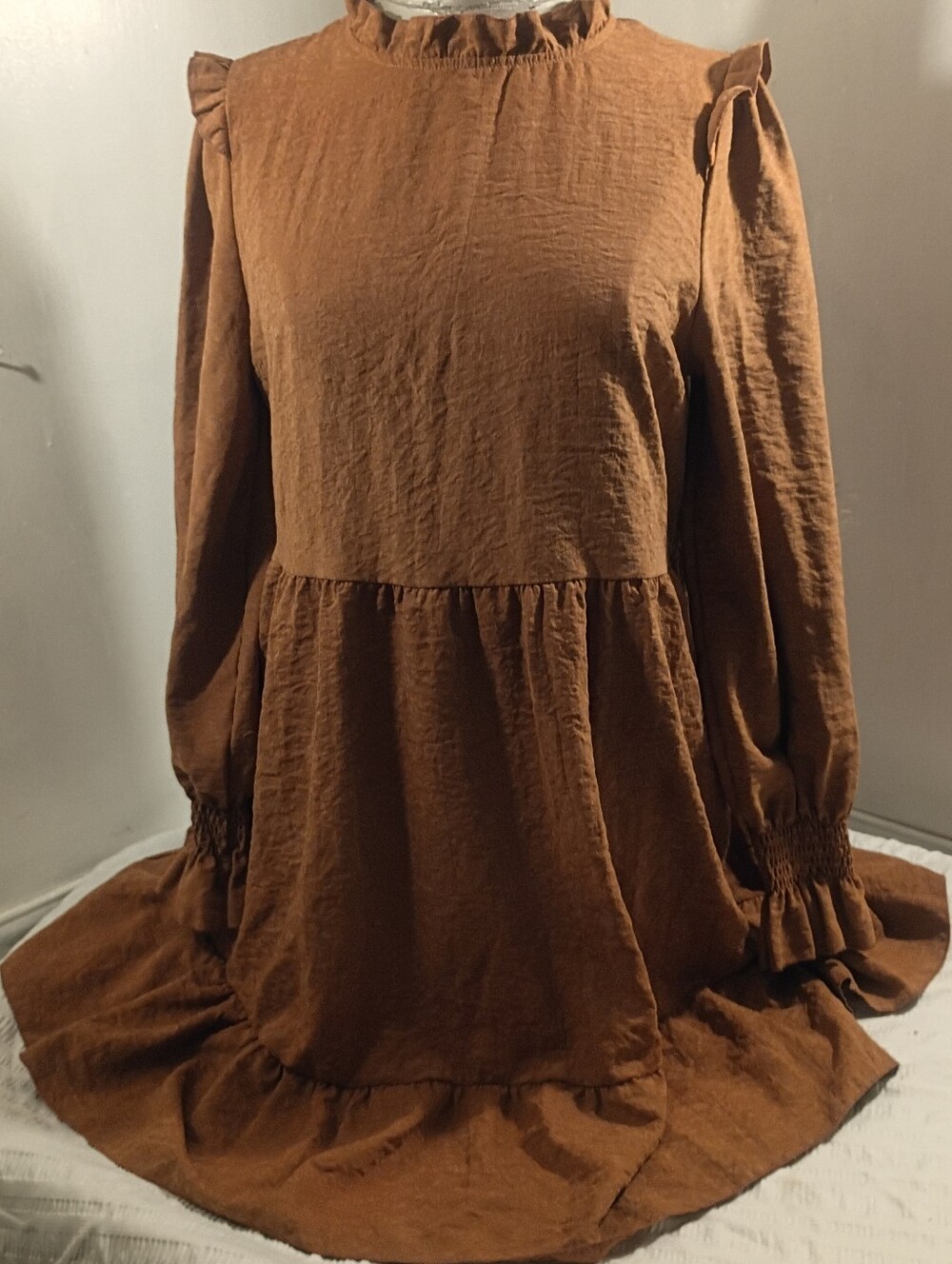 Rust Brown Ruffled Long Sleeve Smock Dress